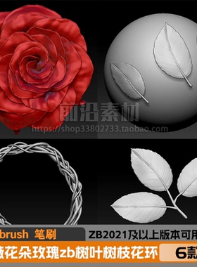 ZBrush VDM雕刻笔刷 蔷薇花朵玫瑰zb树叶树枝花环叶子zbp格式 Z40