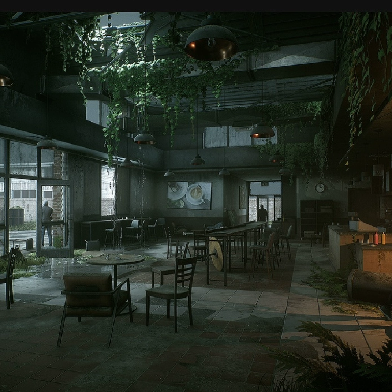 UE4UE5末日废弃咖啡馆小吃饭店铺内部院子Abandoned Coffee Shop