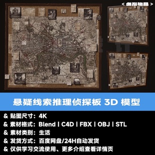 C4D侦探黑板3D模型悬疑推理照片墙Blender疑犯线索侦探板FBX