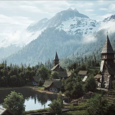 UE5.2中世纪雪山谷森林湖边田野乡村教堂内Medieval Environment