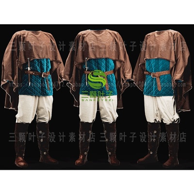 MD+Clo3d中世纪男性休闲套装3D模型披肩上装裤子靴子皮带素材代下