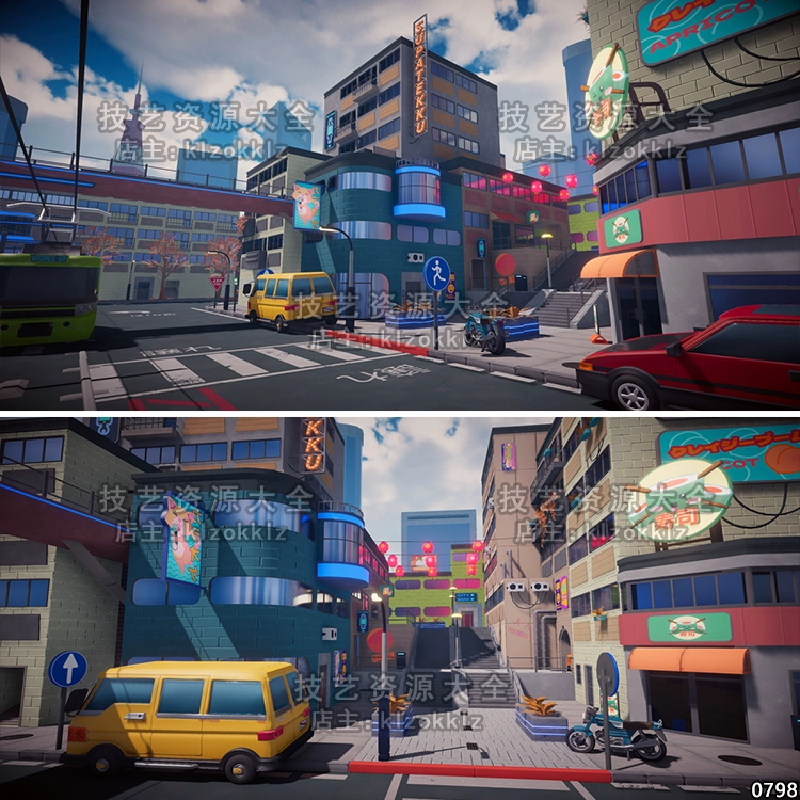 unity卡通城市场景日本城镇现代建筑街道车辆动漫风格u3d模型素材