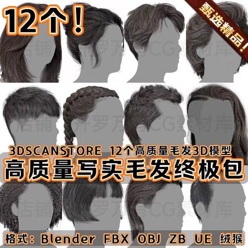 3DScanStore高质量写实角色毛发男女插片头发卡3D模型Blender FBX