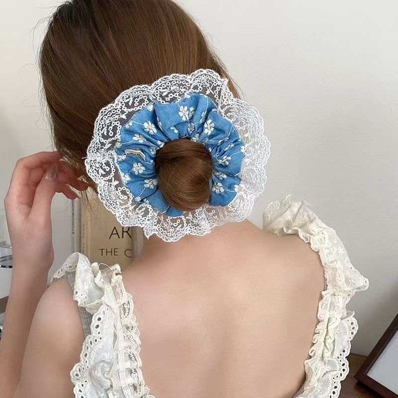 时尚蕾丝花边设计大肠圈小清新蓝色碎花扎马尾气质头绳百搭头饰