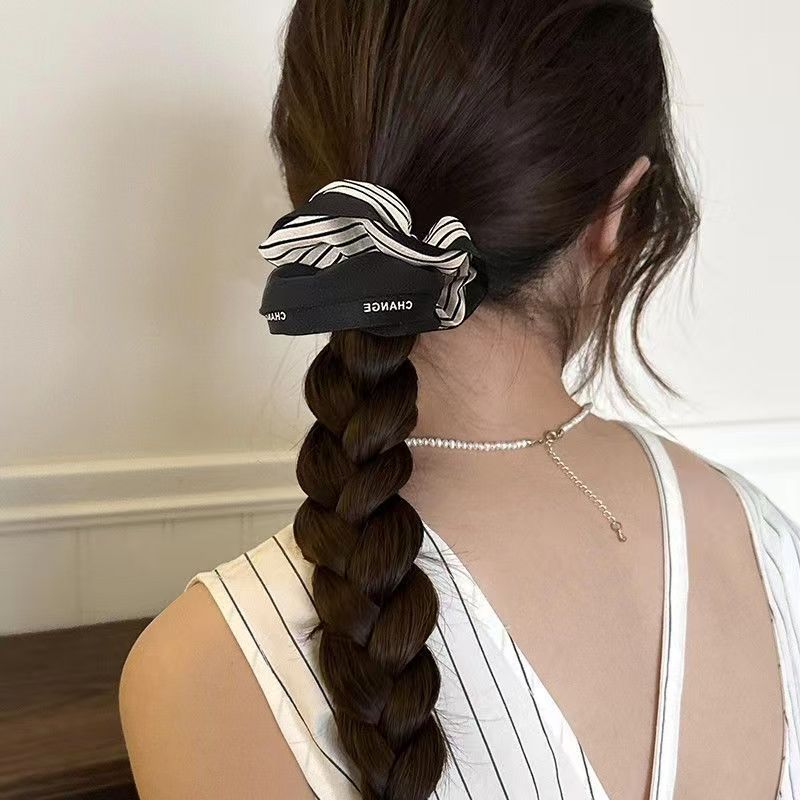 黑色条纹双面发圈大肠圈气质盘发马尾皮筋女扎头发绳法式复古头绳