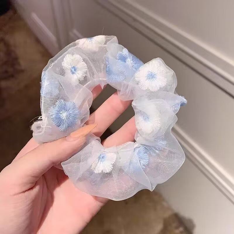 猪大肠圈少女可爱法式网红发圈夏天小清新刺绣花朵头绳欧根纱高级