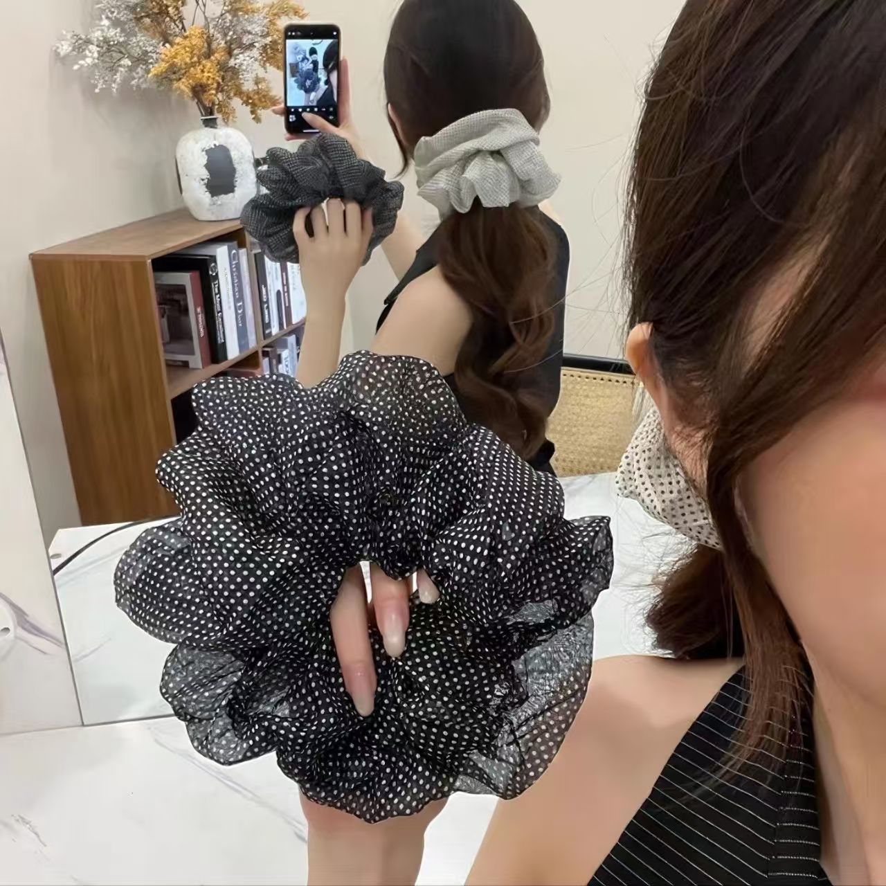 韩系气质波点温柔高级感发圈大肠圈雪纺纱超仙大头花网红甜美头绳