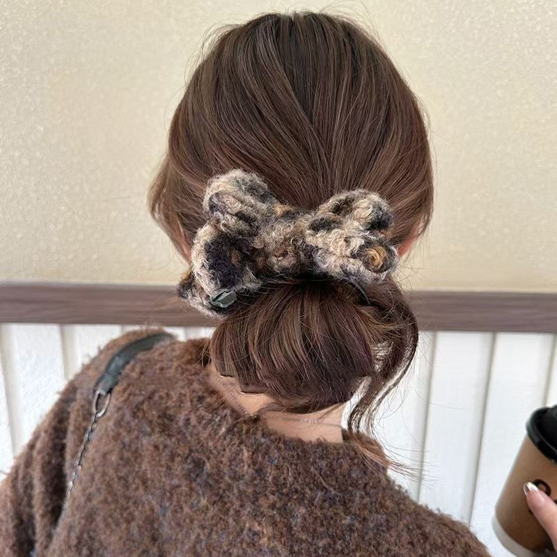 毛绒豹纹丸子头抓夹女秋冬毛毛蝴蝶结高马尾盘发固定神器发夹头饰