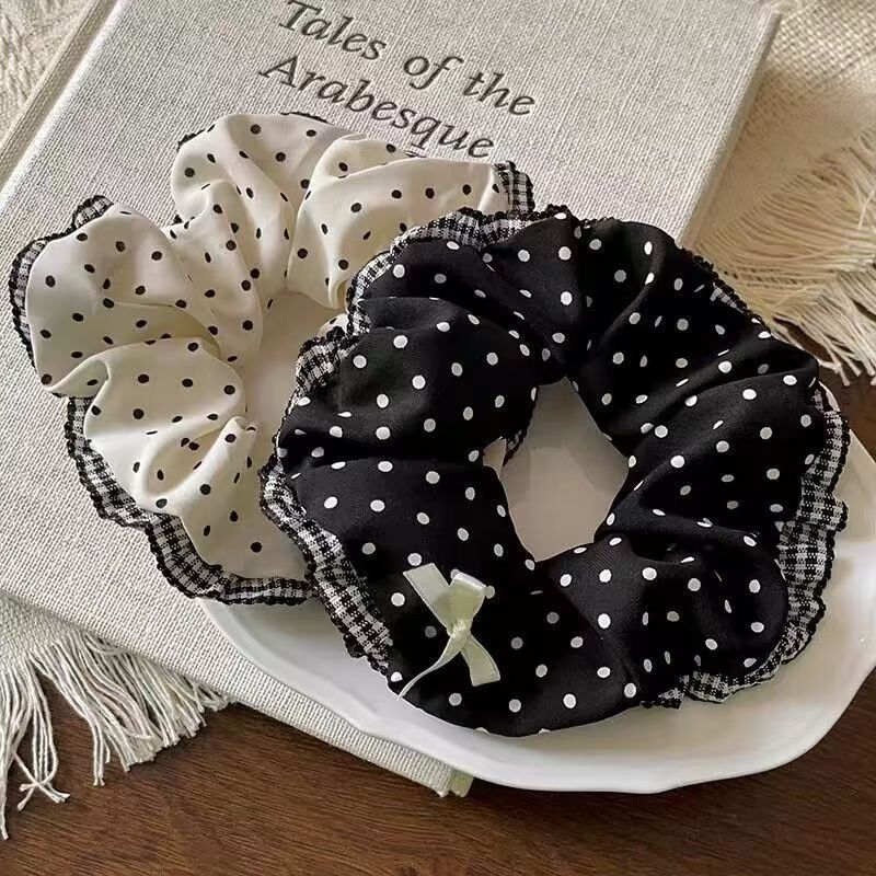 黑白波点花边新款少女蝴蝶结大肠圈扎头发发绳后脑勺马尾头绳发圈
