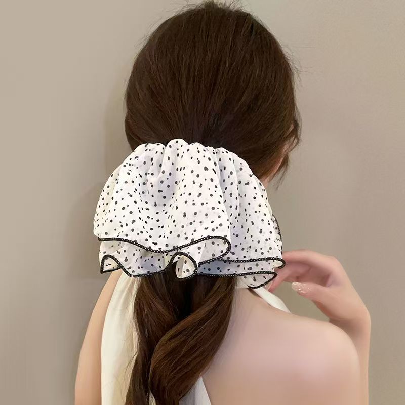 复古波点半圆设计蝴蝶结发绳气质扎马尾肥肠圈高级感发圈