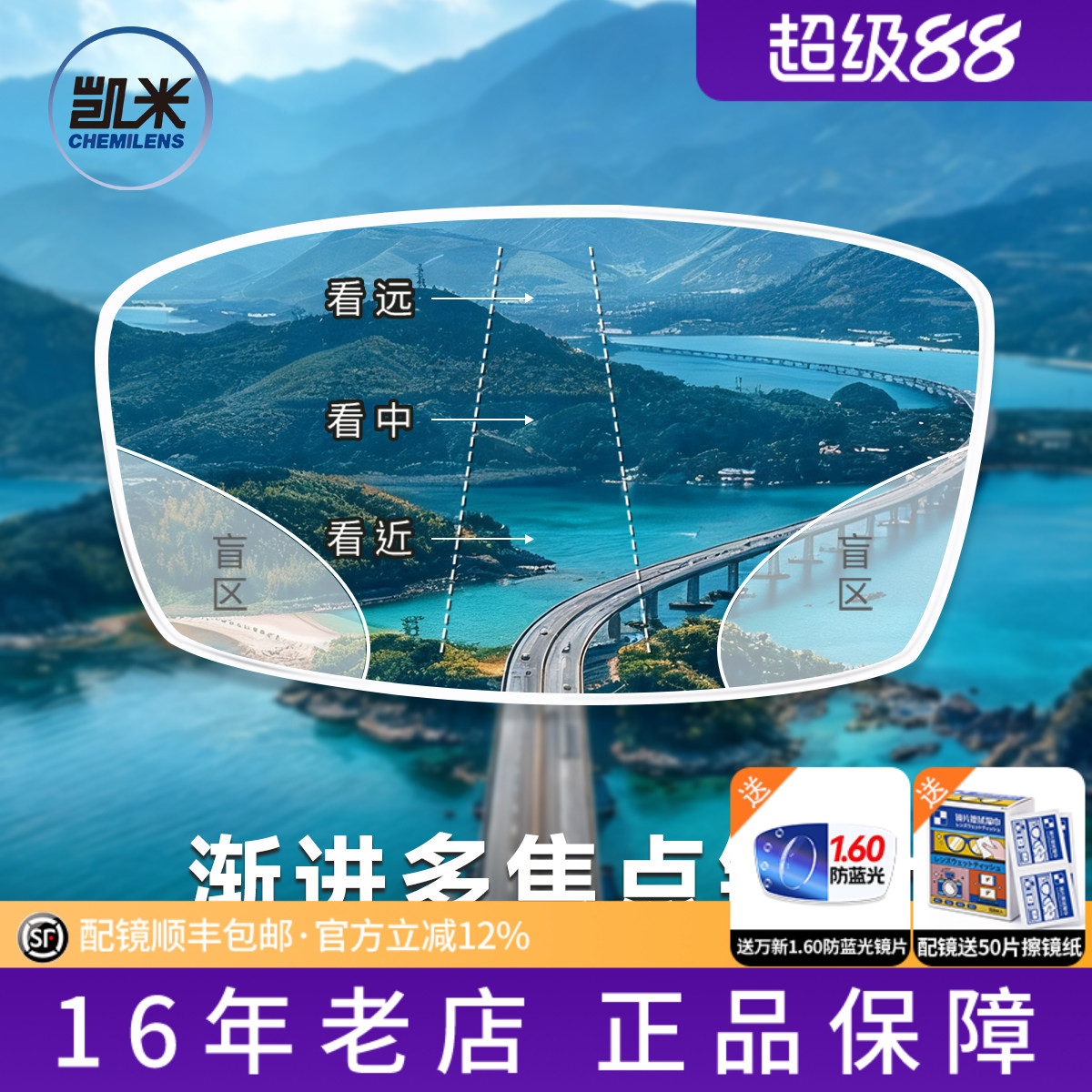 凯米内渐进U6防蓝光老花镜片