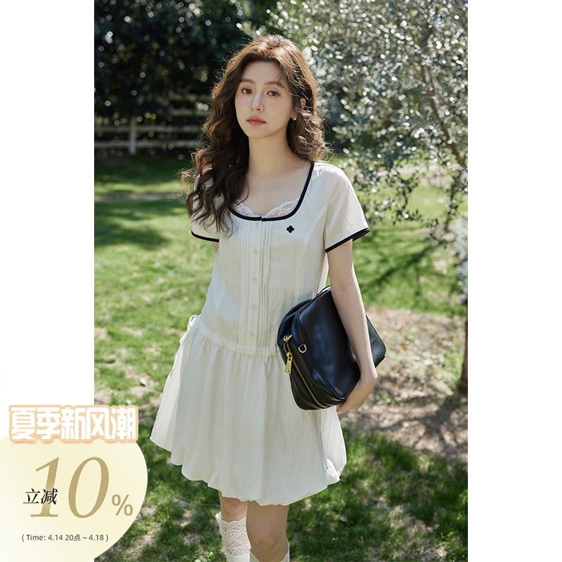 夕蒙2025新款夏独特别致温柔气质裙子绝美小个子白色u领连衣裙女
