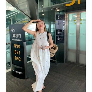 连衣裙女夏背心裙白色刺绣碎花裙棉麻小个子海边度假 落落狷介法式