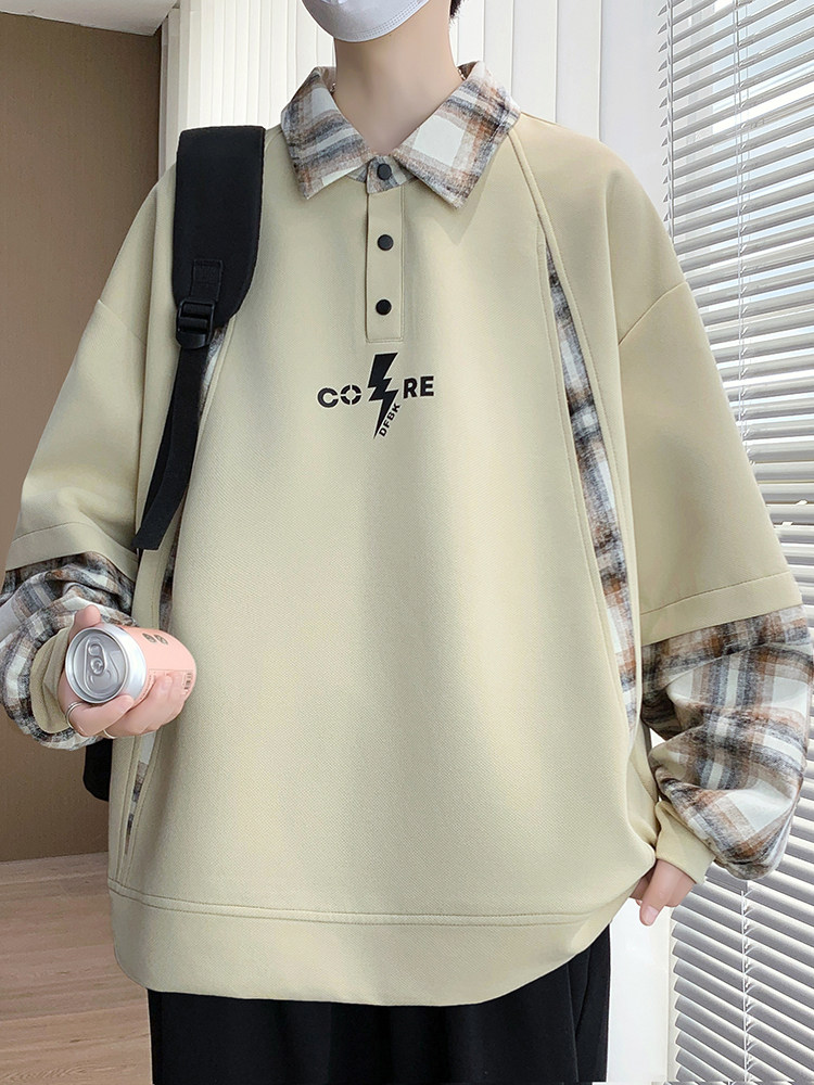 假两件翻领卫衣男生春秋款青少年长袖t恤初中高中学生大童Polo衫