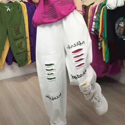 撞色刺绣破洞牛仔裤女2025夏季新款宽松个性潮流休闲哈伦乞丐裤薄