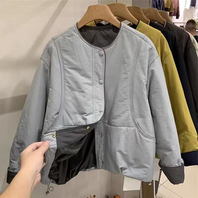 韩版设计感别致圆领撞色棉服外套女秋冬时尚宽松显瘦休闲减龄棉衣