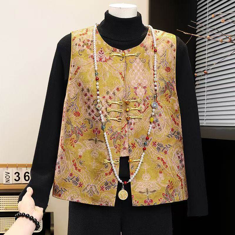 妈妈新款中式国风提花马甲盘扣春秋复古坎肩上衣背心新品中国风