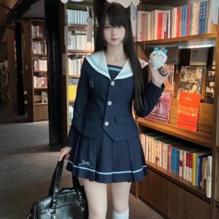 【绛墨】水手领收腰西服猫看花原创jk女学院校供感浓绀色三粒扣西