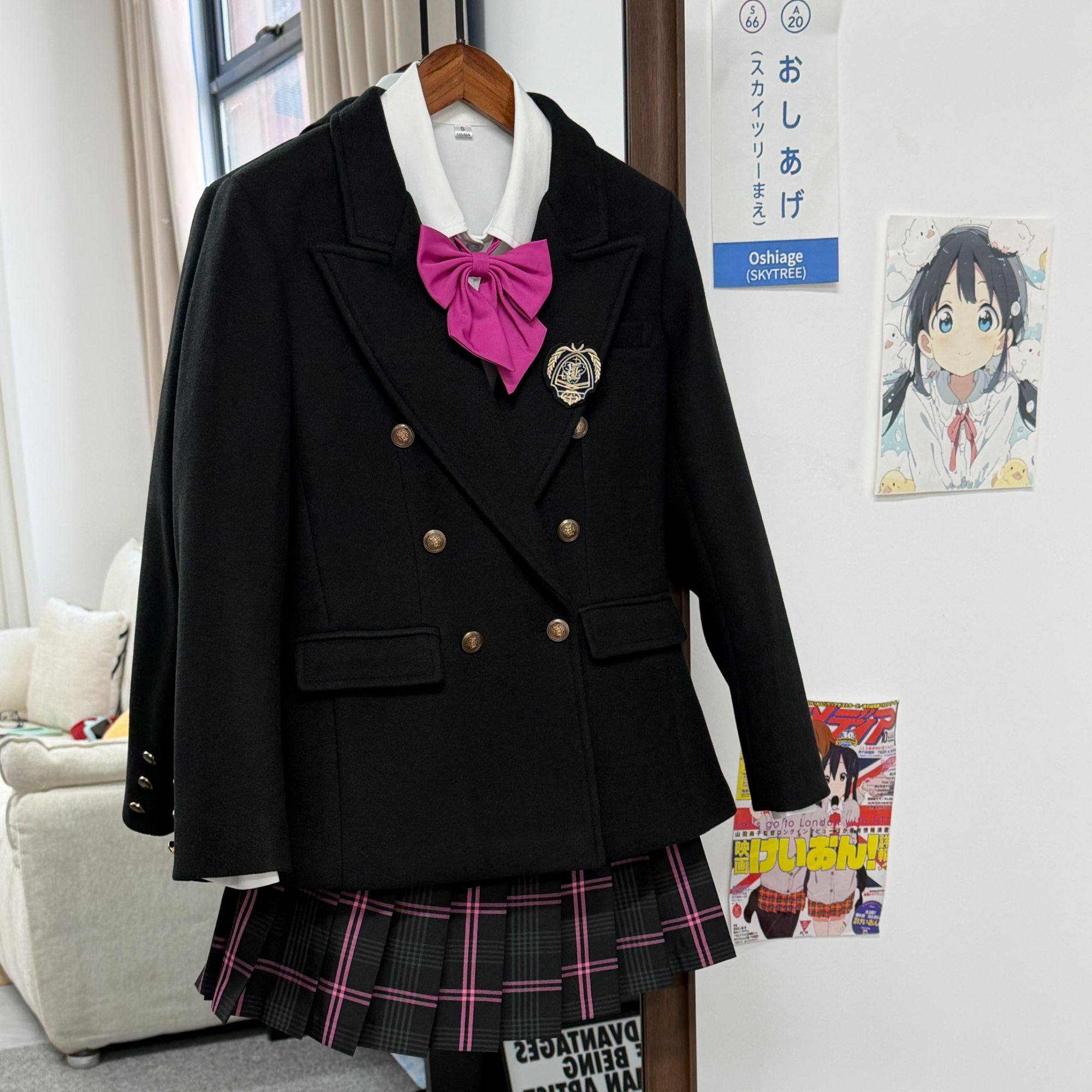 猫看花原创jk毛呢双排扣收腰西服女学院风秋冬款黑色西装(送徽章�