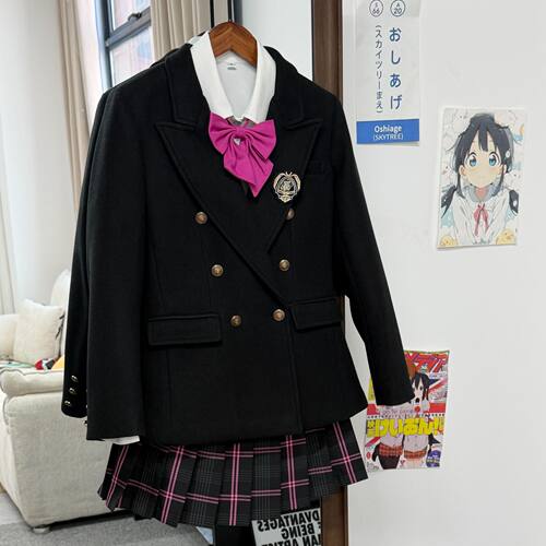 猫看花原创jk毛呢双排扣收腰西服女学院风秋冬款黑色西装(送徽章�