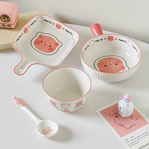 萌猪碗开心猪猪超萌家用饭碗陶瓷吃饭碗学生4.5英寸套装沙拉碗