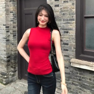 打底上衣 高级红色半高领背心吊带女新款 修身 显瘦美式 辣妹性感无袖