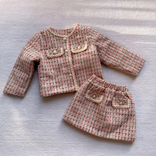 清货了 韩版女童小香风夹棉圆领格子粗毛呢子短款外套短半裙套装