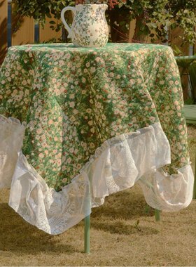 桌布提花绿色玫瑰油画植物户外台布蕾丝荷叶边咖啡机盖巾DD53