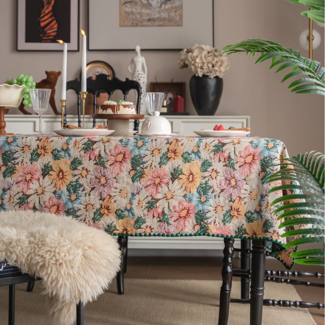 桌布法式复古绣花撞色餐桌布提花长方形台布氛围感DD11