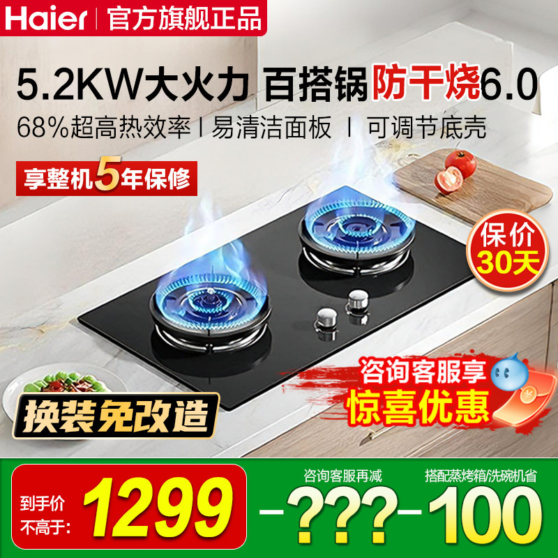 海尔放干烧燃气灶煤气灶双灶家用天然气炉灶嵌入式灶台灶具QGBE2