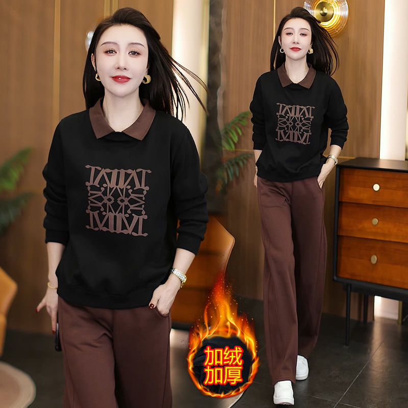 实拍2025秋冬新款休闲简约时尚翻领印花加绒加厚卫衣阔腿裤两件套