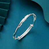 银手镯999女古法植物花卉开口手镯设计刻字定制