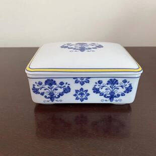 欧洲首饰盒瓷 Vista 中古蓝花长方瓷盖罐 葡萄牙国瓷 盖盒 Alegre