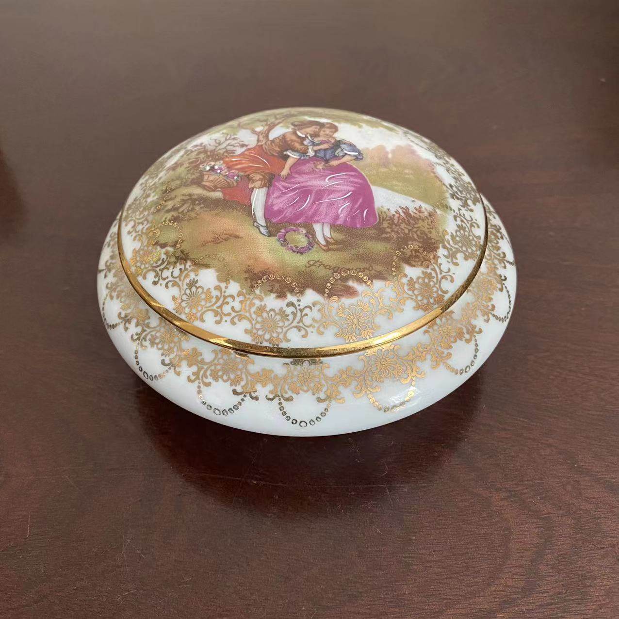 Limoges 法国利摩日 中古描金西洋人物装饰首饰罐 化妆盒 瓷盖盒