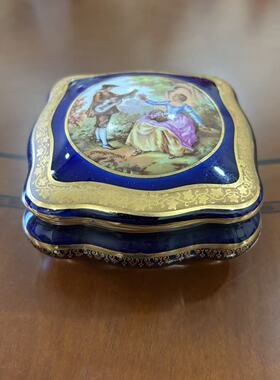 Limoges 利摩日法国 西洋人物钴蓝鎏金首饰盒 稀有复古瓷盖罐摆件