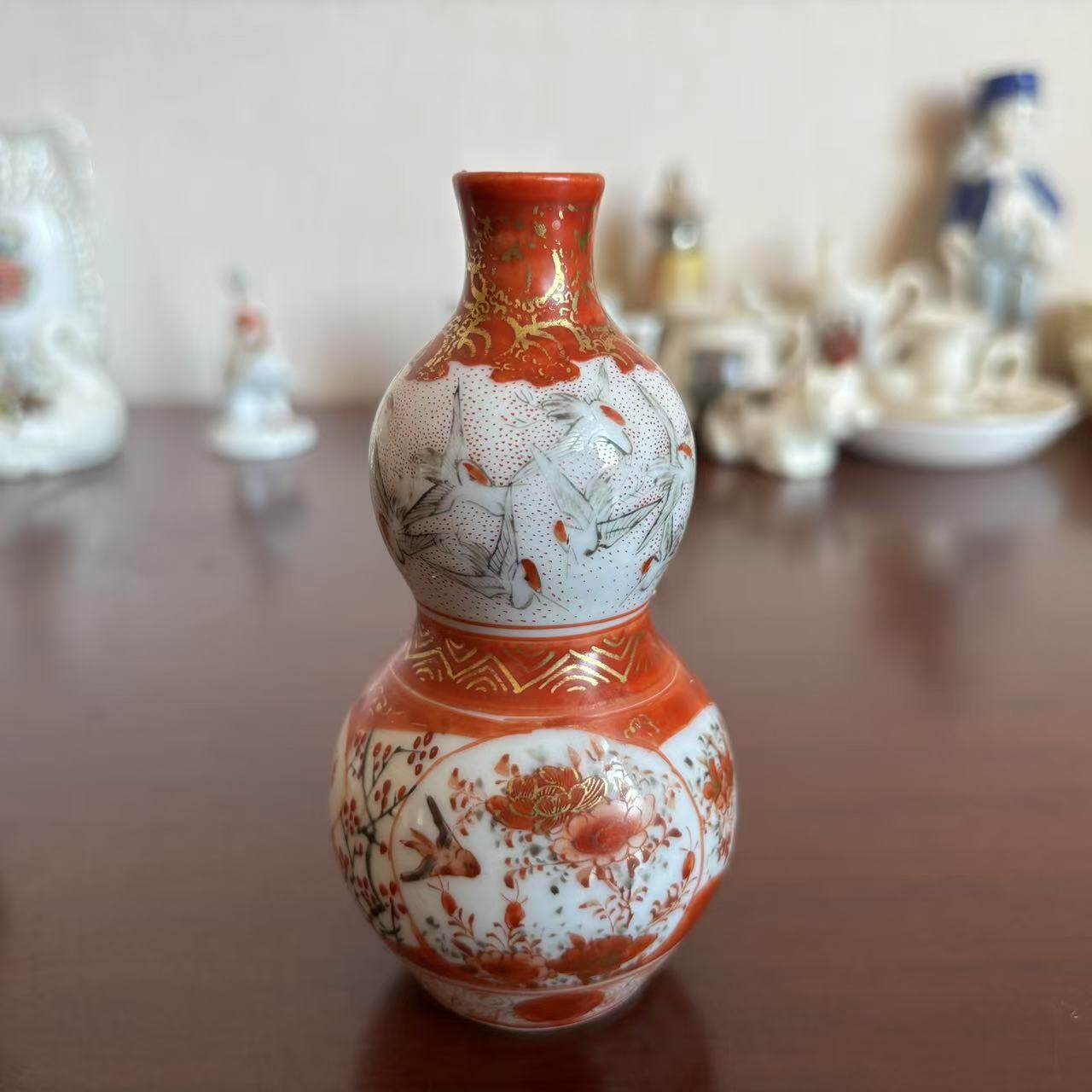 九谷 日本明治时期赤绘收藏葫芦型瓷瓶玄关摆件 手绘花鸟装饰花瓶