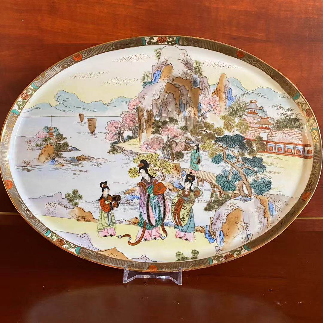 日本则武 Noritake 明治时期古董茶盘 手绘人物风景看碟 椭圆赏盘