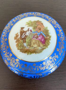 Limoges 利摩日法国贵族人物蓝瓷首饰盒 西洋洛可可梳妆台瓷粉罐