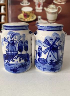 Delft 代尔夫特 荷兰风车磨坊青花花卉手绘盐胡椒罐 中古收藏瓷罐