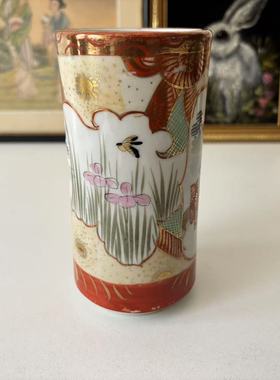日本九谷 全手绘人物装饰笔筒摆件 手工描金赤绘瓷器花鸟收藏花瓶