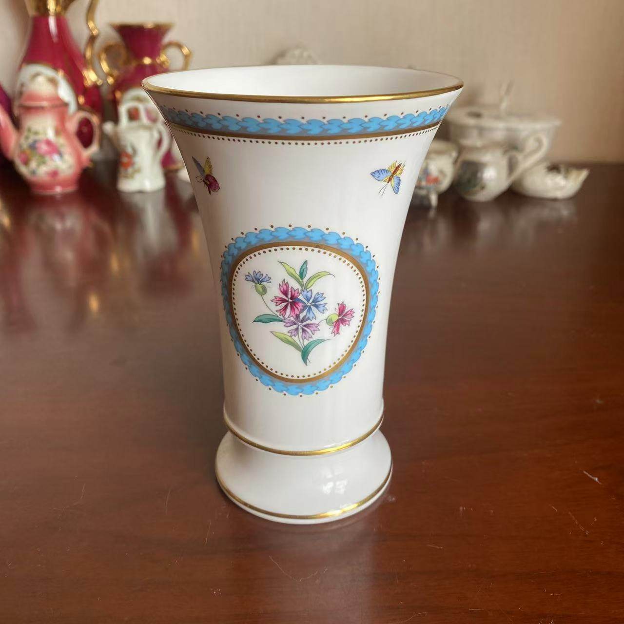 Spode 斯波德 Trapnell  蝴蝶花卉鎏金花瓶摆件 英国骨瓷装饰瓷瓶