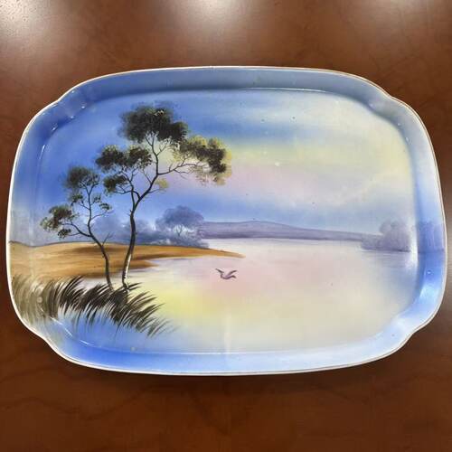 则武 Noritake 日本古董收藏盘 手绘风景装饰茶盘 长方形甜品碟