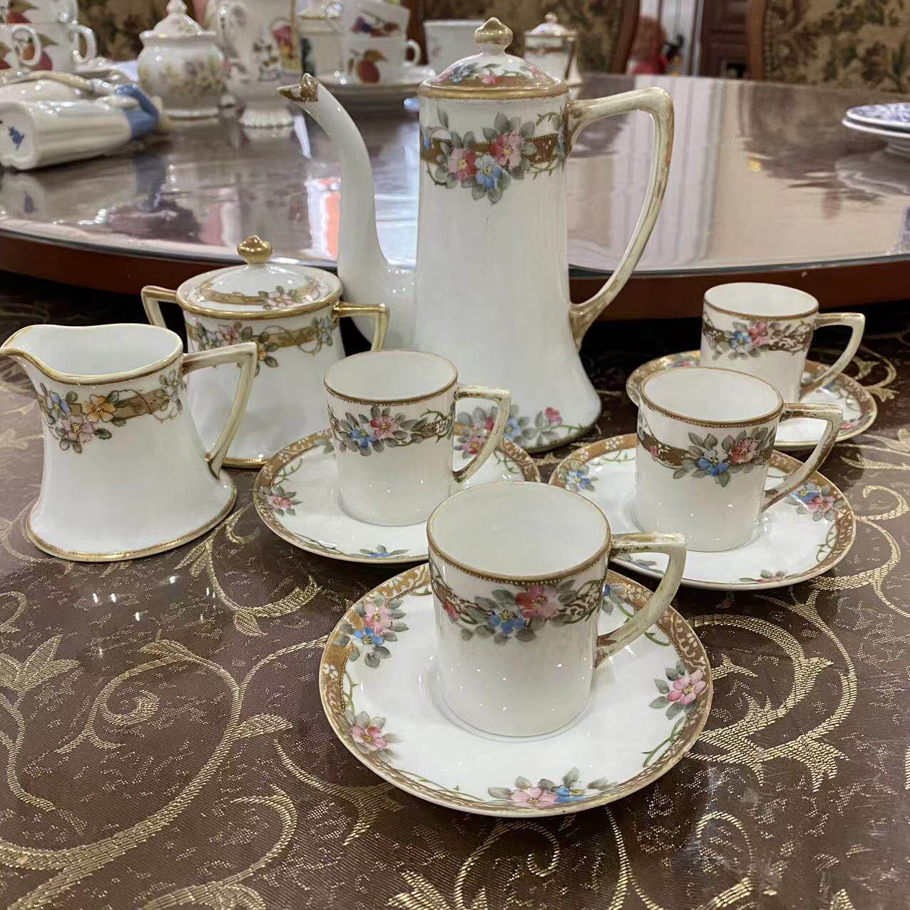 Noritake 则武 日本百年古董咖啡杯 手绘描金茶壶 糖缸及奶壶摆件