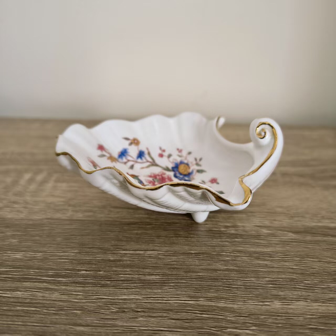 Hammersley 哈默斯利 贝壳型切尔西鸟小瓷碟 描金花边摆件茶包盘