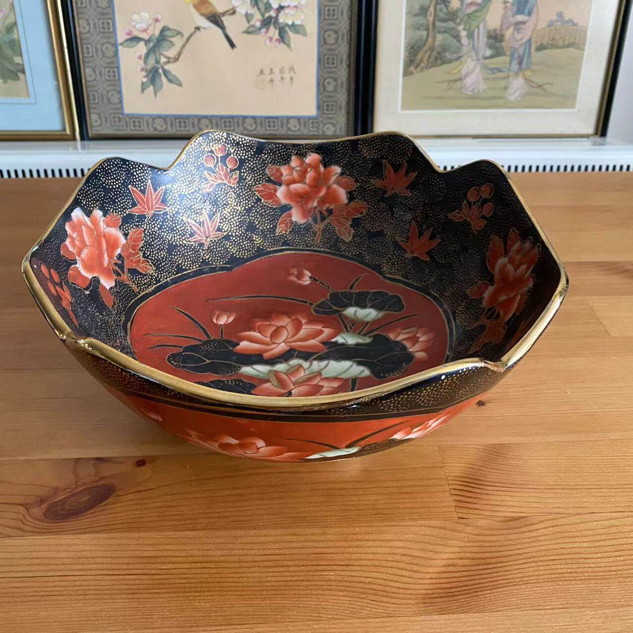 欧洲回流 景德镇创汇老瓷器手绘描金荷花四瓣花开窗大碗 手工果盆