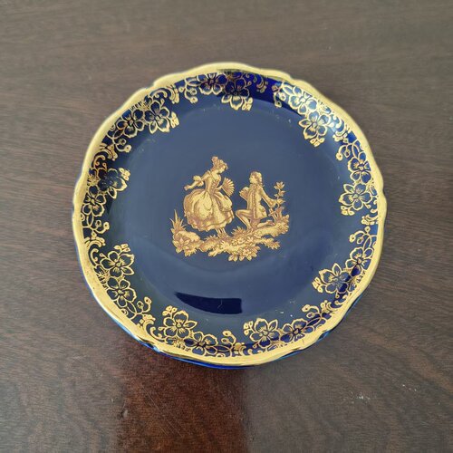 Limoges 利摩日 法国名瓷 中古收藏钴蓝爱情人物描金小碟 首饰盘