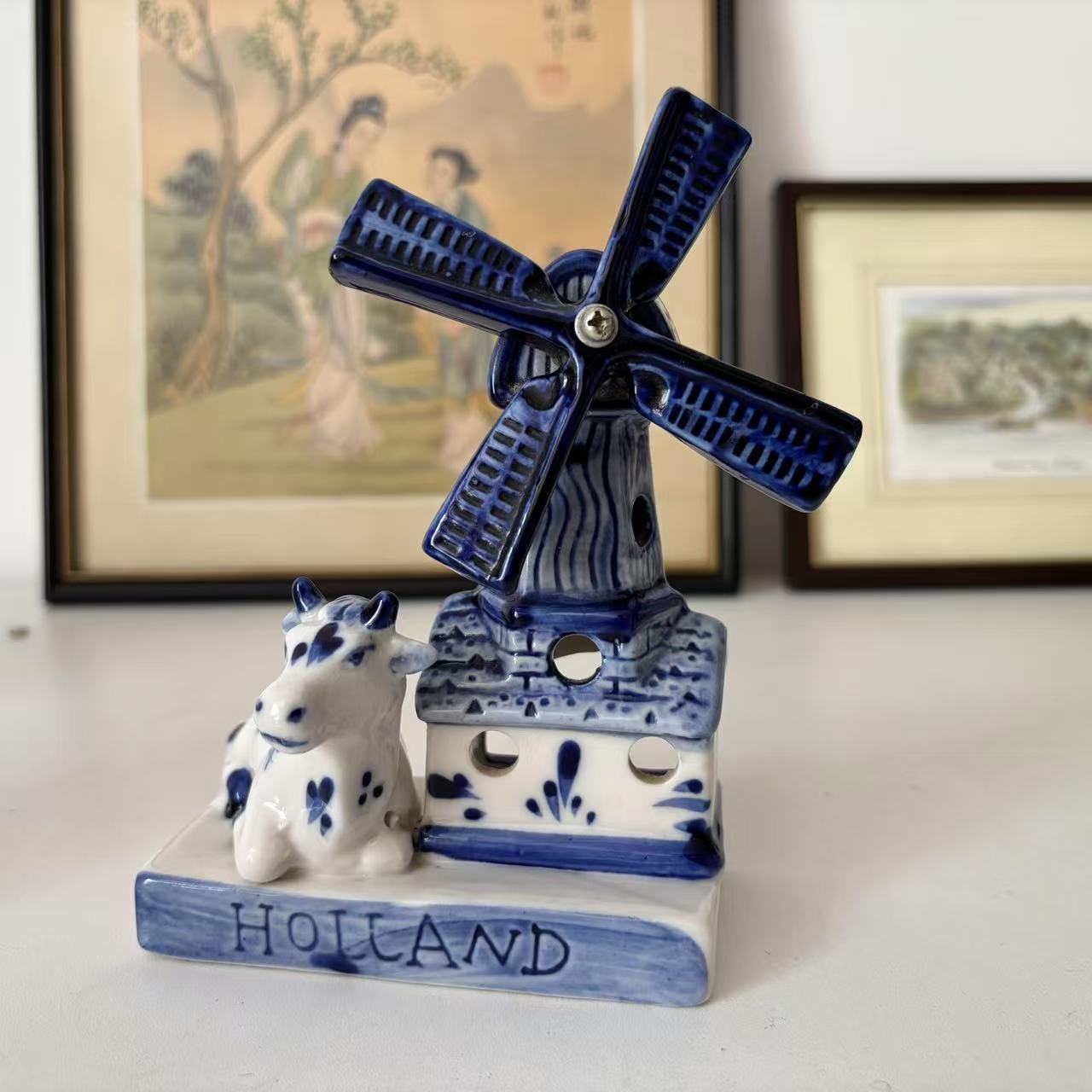 Delft 荷兰代尔夫特 手绘奶牛风车小摆件 旅游纪念收藏 青花瓷器