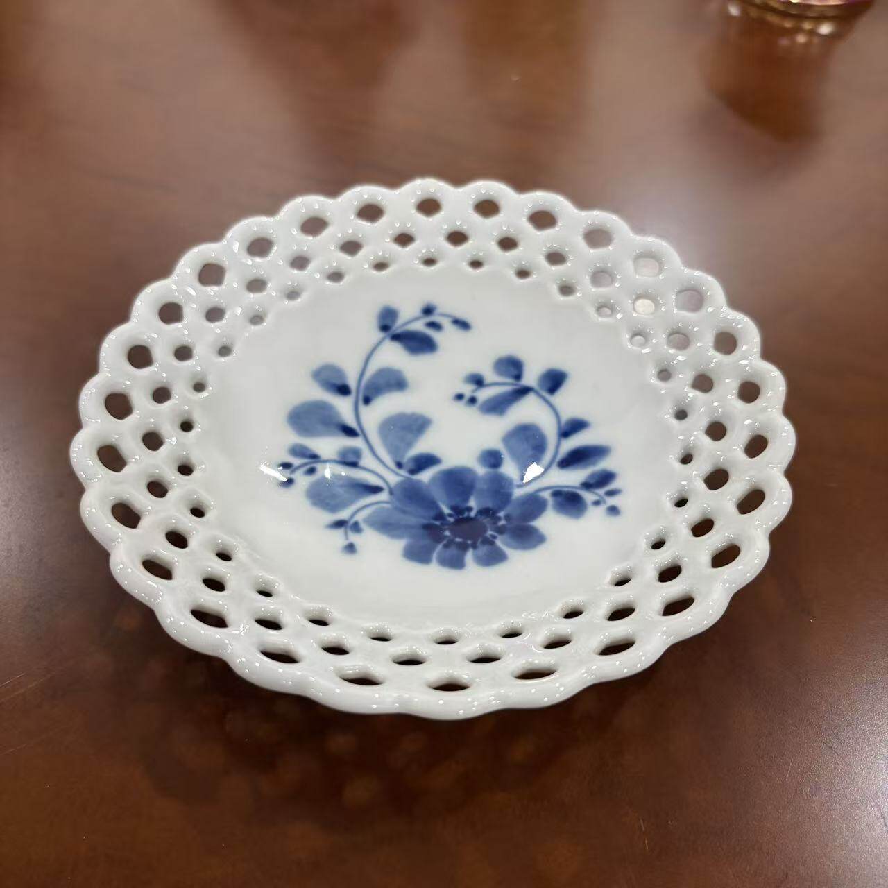 Echt Kobalt 德国中古瓷器 Vintage 手绘青花瓷盘摆件 镂空花卉碟