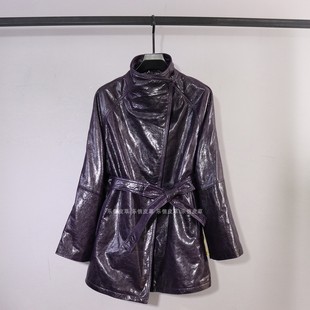 皮风衣 真皮皮衣女绵羊皮复古百搭气质休闲系带显瘦中长款 时尚 新款