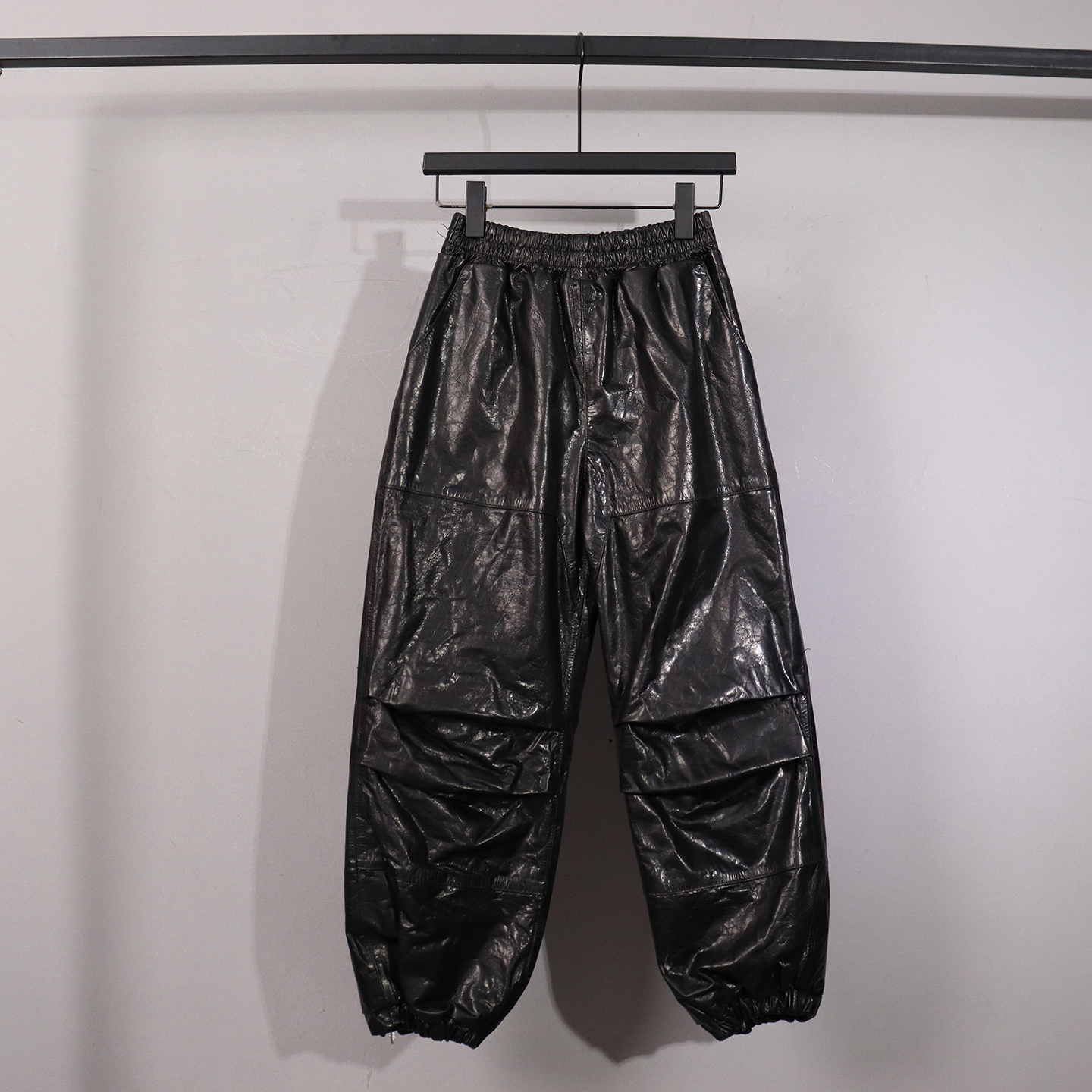 秋季真皮女高腰松紧腰显瘦阔腿裤